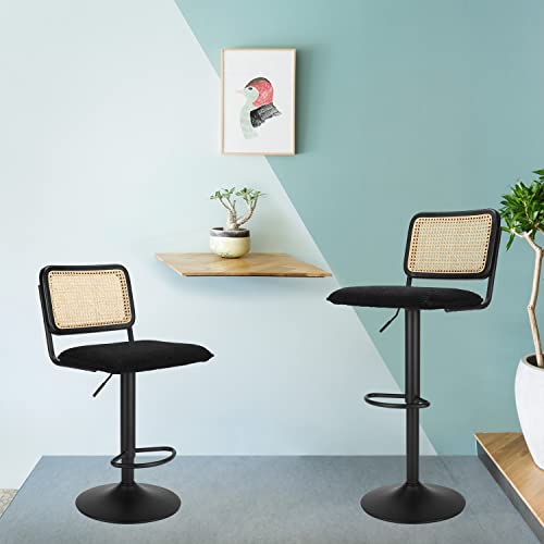 Finnhomy Modern Rattan Bar Stools Set Of 2 - Natural Woven Design, Swivel Seat, Footrest, And Cane Backrest, Height Adjustable Bar Chairs For Kitchen Counter And Dining Room, Velvet Black #TOP1