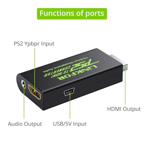 LiNKFOR PS2 to HDMI Converter for Sony PlayStation 2 to HDMI Adapter with 3.5mm Headphone Audio Jack for HDTV Monitor (PS2 to HDMI Converter with 3ft HDMI Cable)