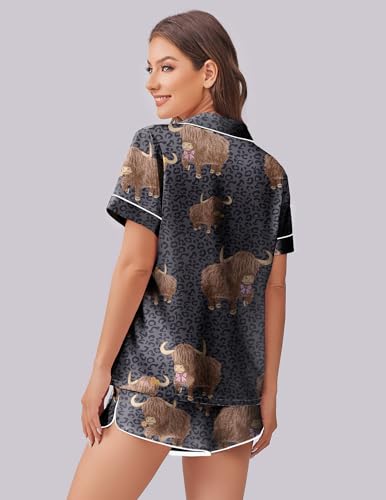 Image of Ekouaer Womens Silk Satin Pajama Set Print Short Sleeve Sleepwear Button Down Pjs Shorts Set Loungewear