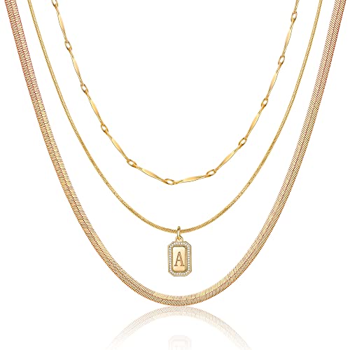 Mjartoria Gold Layered Initial Necklaces For Women, Simple Square Letter Necklace, Snake Chain Herringbone Necklace, Initial Necklace Gold Layered Necklaces Jewelry For Women #TOP11