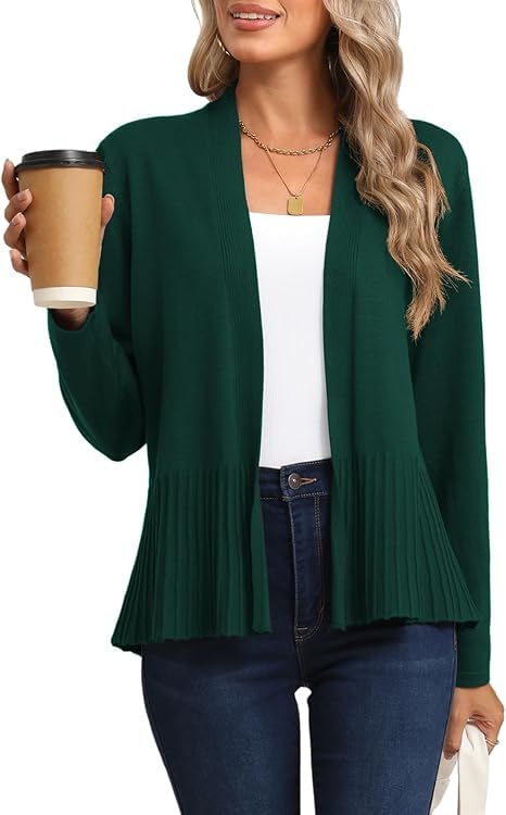 BEIGAI Damen Kurze Strickjacke Herbst Winter Leicht Elegante Open Front Strickpullover Casual Langarm Solider Cardigan,Dunkelgrün,XL