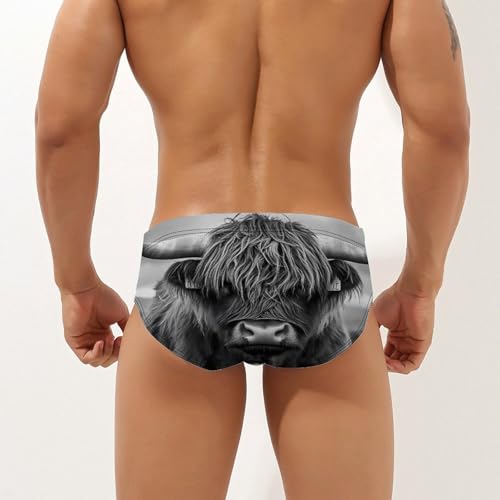 Black and White Highland Cow Printed Swim Briefs for Men Sexy Bikini Swimwear Elastic Beach Trunks Bathing Suit3