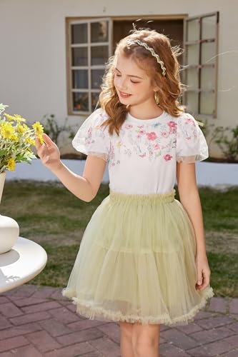 Arshiner Girls Shirts Mesh Puff Short Sleeves Blouse Crewneck Cute Print Summer Kids Tee Tops3