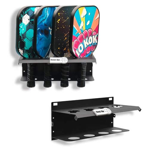 PRAMOON Pickleball Paddle Rack, 4-Paddle Holder, Multiple Racks are Spliced to Achieve Expansion, with Label to Track Next Up Players, Fence or Wall Mount, Steel, Black (1)