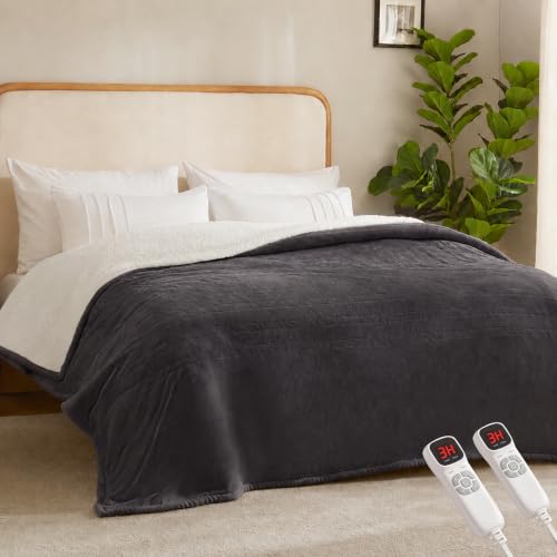 BEARKISS Electric Heated Blanket,90"x100" Heating King Flannel London Grey