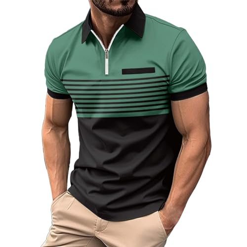 Fashion Casual Striped Polo Shirt Men - Golf Polo Shirts Casual Polo T-Shirt Classic Fit Short Sleeve Polo Shirt Zip Up Polo Shirts Work Polo Shirts Business Formal Shirt Summer Short Sleeve Green