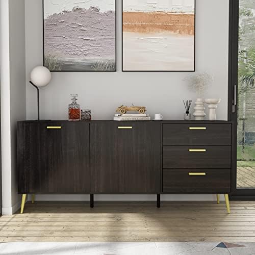AIEGLE Sideboard Buffet Cabinet with 3 Drawers & 2 Doors, Kitchen Buffet Storage Cabinet Entryway Cupboard with Gold Metal Legs, Black Walnut (69" L x 15.6" W x 30" H)