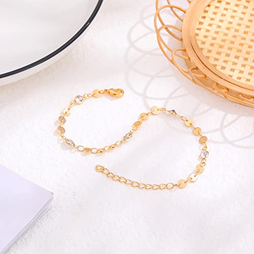 Image of Womens Dainty Gold Chain Bracelet,Simple Layered Chain Bracelets,Beaded Turquoise Bracelet,Charm Crystal Bar,Heart,Karma,Triangle,Pearl Bracelets for Women