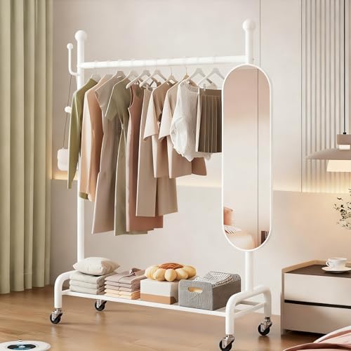 Portant à vêtements roulant avec miroir pivotant et étagères dorées 80cm