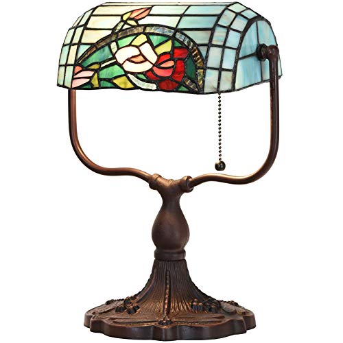 Bieye L10760 Rose Flower Tiffany Style Stained Glass Bankers Desk Lamp Table Lamp For Working Office Living Room Bedside Home Decoration, 9" W X 15" H, Red Green #TOP1