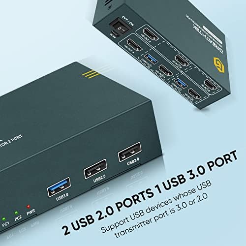USB3.0 HDMI KVM Switch Dual Monitor 2 Port 4K,KVM Switches 4K@60Hz,USB 3.0,2 PC 2 Monitor Switch,HDMI2.0,HDCP2.2,KVM Switch 2 Monitors,Switch KVM,with 4 HDMI and 2 USB Cables,Button Switch