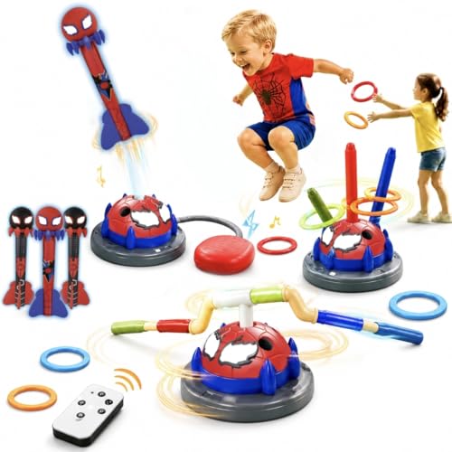 3 in 1 Spider Skip Rotating Musical Jump Bar, Ring Toss Game and Rocket Launcher for Kids Toys for Ages 3-5, Indoor & Outdoor Party Activities Favors with Remote Control, Gifts for Boys Girls Age 4-8