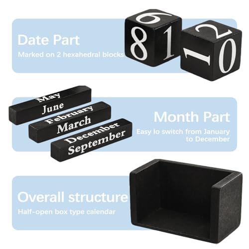 Calendário vintage de cubos de madeira, calendário perpétuo de bloco de madeira, exibição diária de