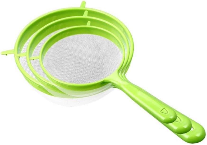 Tamiz de harina con mango largo, juego de 3 coladores de harina de plástico verde para colgar, filtro de polvo, colador de malla fina, filtro de café, colador de té, coladores y coladores de alimentos