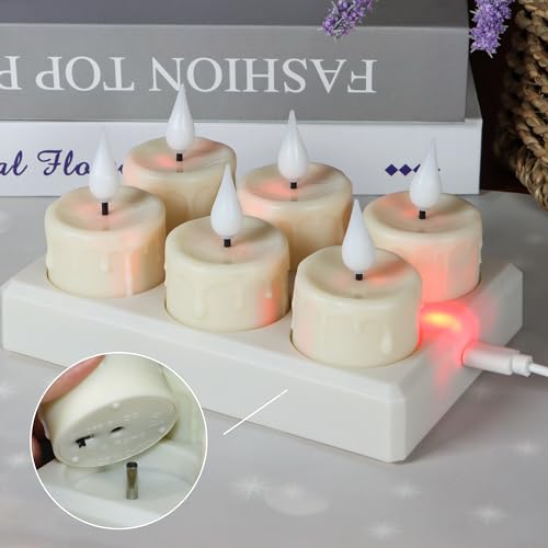Image of Rechargeable Tea Lights with Remote and Timer, 6pcs Flameless Candles LED Flickering with Charging Base and USB Cable, Electric Votive Tealights Warm White