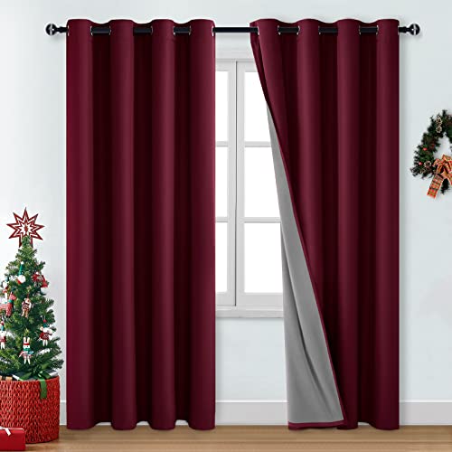 DWCN Burgundy Christmas 100% Blackout Curtains 84 Inch Length 2 Panels Set for Living Room & Bedroom 100% Blackout Noise Cancellation and Thermal Insulating Window Draperies (Burgundy,52" W x 84" L)