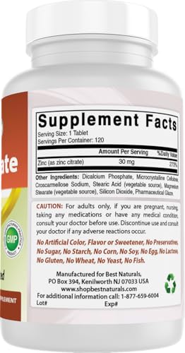 image for Best Naturals Zinc 30mg Supplements (as Zinc Citrate) - zinc Vitamins 