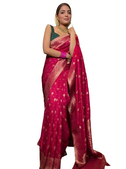 Flosive Women's Kanjivaram Silk Saree With Weaving Work With Blouse (Rani Pink)