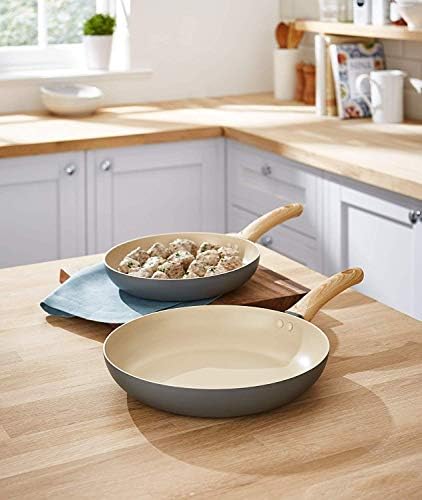 Tower T800070G Scandi Induction Frying Pan Set, Non Stick, Soft Touch Wood Effect Handles, Grey, 2 Piece, 24/28 cm