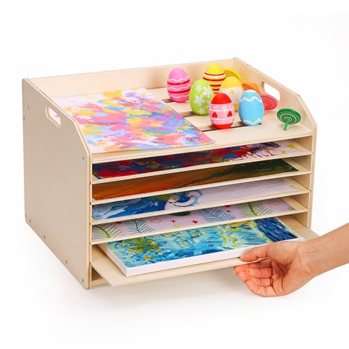 Woodtoe Wooden Art Drying Rack, Removable Paint Drying Rack, Puzzle Holder Rack, Canvas Art Painting Storage Shelf for Kids, Artwork Display Organizer for Playroom Craft Collection Lovers(7 Shelves)