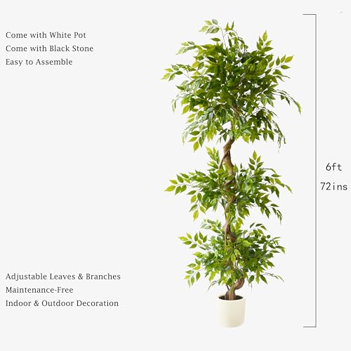 Image of 6ft Artificial Ficus Tree Fake Plant with White Planter