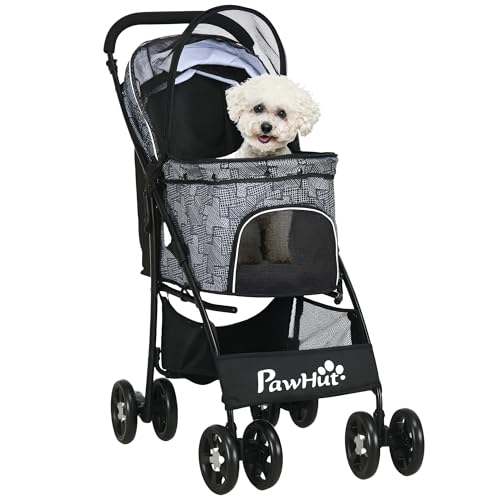 PawHut Carrito para Perros Plegable Cochecito para Mascotas Carrito para Perros Pequeños con Cesta Capota Ajustable Ventana de Malla y 2 Ruedas Universales Carga 15 kg 81x48x99 cm Gris