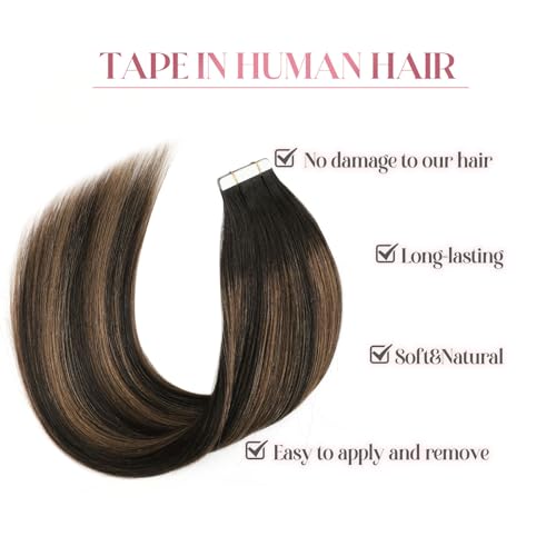 Image of Sixstarhair Brown Tape In Hair Extensions Human Hair Chocolate Brown Highlighted Caramel Blonde Tape In Extensions Brown Balayage Tape Hair Extensions Human Hair 50g 20pcs [P2 /6 /2 20inch]