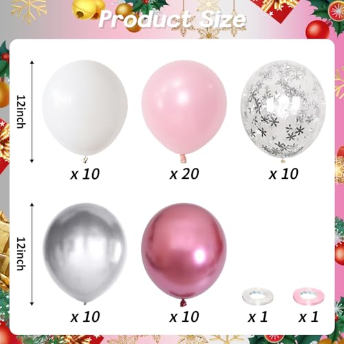 Image of Pink Winter Wonderland Balloons, 60PCS Pearl White & Pink Double Stuffed Balloons, Metallic pink Silver and Snow Balloon for Princess Ice Wonderland Baby Shower Christmas Birthday Party Decorations