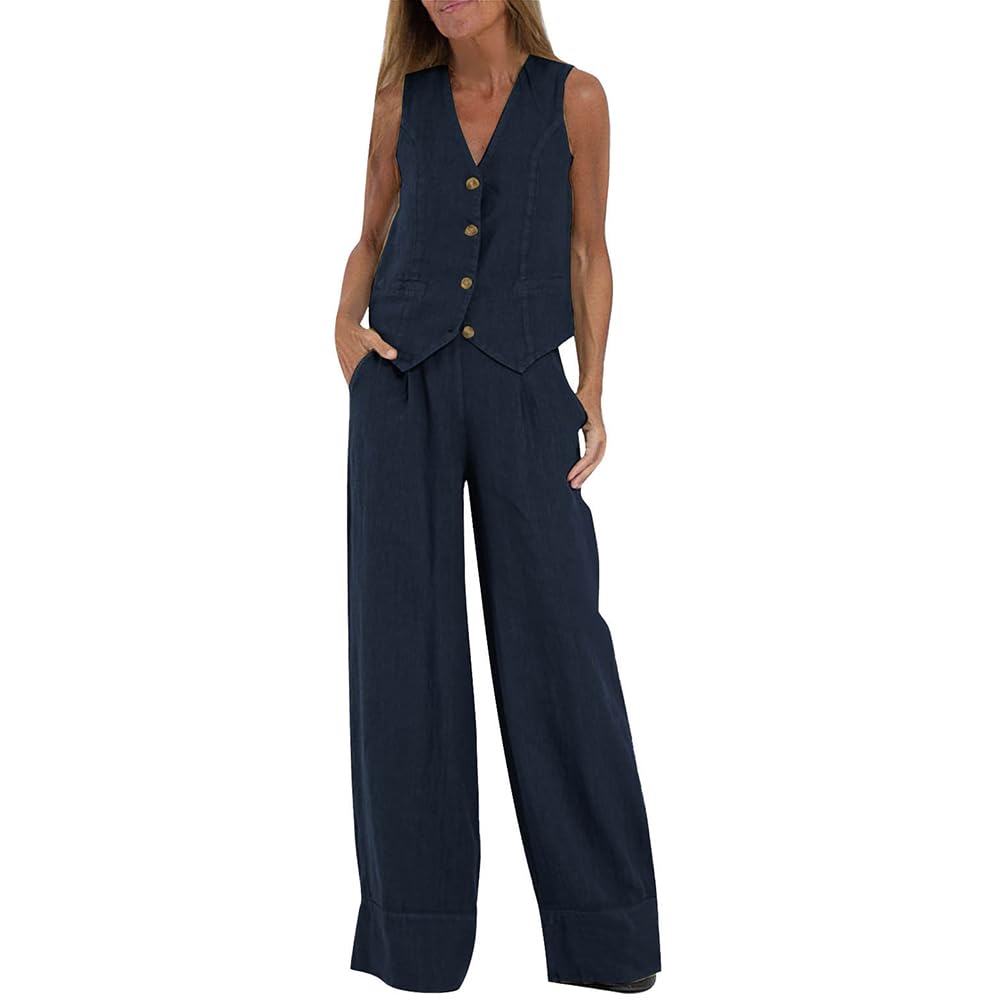 Geleglaer Womens Cotton Linen Pants Sets Outfits 2 Piece Summer Sleeveless V Neck Button Vests Jacket and Palazzo