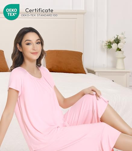 Image of NACHILA Pajamas for Women-Viscose Made from Bamboo,Short Sleeve Sleepwear Cooling Pjs Top with Capri Pants Pajama Sets