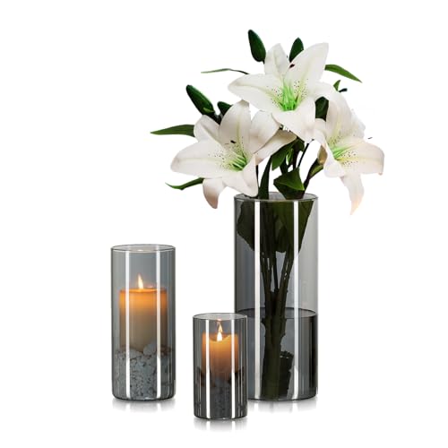 Hewory Vase Schwarz für Deko Wohnung: 3 Vasen Set Schick Blumenvase Modern Glasvasen für Tischdeko - Schönes Glasvase Zylinder Windlicht Glas Schwarz Vase Grau für Geschenk Freundin Esstisch Deko