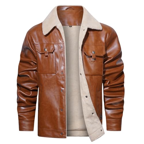 Men's Faux Leather Sherpa Lined Trucker Jacket Collar Winter Warm Coats Multi Pocket