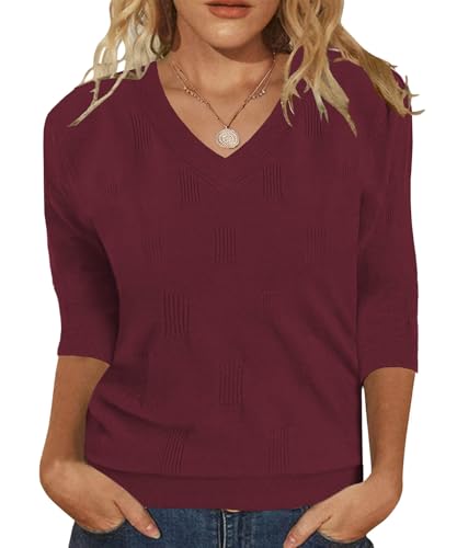 Image of Womens Sweaters 3 /4 Sleeve Tops V Neck Shirts Loose Casual Tunic Blouses