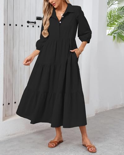 Image of Women Button Down Maxi Shirt Dress Long Sleeve Flowy Tiered Collared Dresses with Pockets