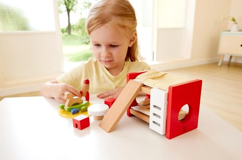 Hape Holz Kinderzimmer Möbel - Detailgetreues Kinderzimmer Puppenhaus, Möbelset Inklusive Stockbett, Tisch, Stühle und Rakete, Rollenspiel… – Ansicht 4