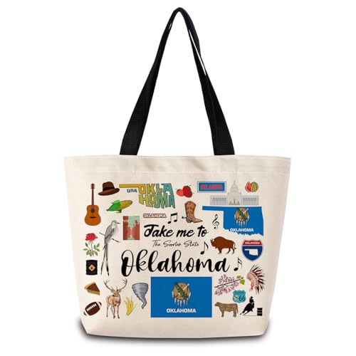 Take Me To Oklahoma Tote Bag Reusable Grocery Bags Aesthetic Shopping Shoulder Handbag with Interior Pocket Lightweight & Washable Stylish Oklahoma Travel Present for Women