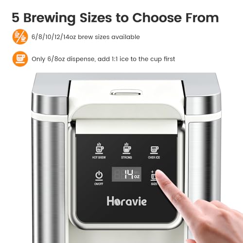 Image of Horavie Single Serve Coffee Maker for K-Cup Pod & Grounds, Hot and Iced Coffee Maker, Strong Button Feature, 6 to 14oz Brew Sizes, 50oz Removable Reservoir, Fit 6.5 inch Mugs, Stainless Steel, White