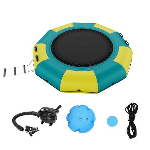 VEVOR Trampolín Inflable de Agua Trampolín Hinchable de Agua 310 x 60 cm Plataforma de Natación Portátil con Escalera y Bomba de Aire Eléctrica Rebotador Flotante para Niños, Piscina, Amarillo y Verde