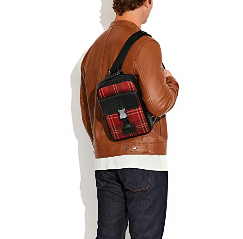 Coach Men's Track Pack Fashion Backpack Daypack (Printed Coated Canvas - Tartan Plaid Print - Red/Black Multi) #TOP3