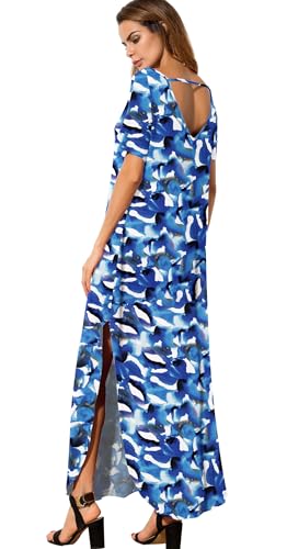 Image of GRECERELLE Women's Summer Maxi Dress Casual Loose V Neck Short Sleeve Side Split Long Dresses with Functional Pockets