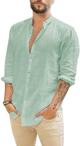 Friptspyg Leinenhemd Herren Hemd Langarm Baumwolle Leinen Hemden Button-Down Freizeithemden Casual Regular Fit Sommerhemd