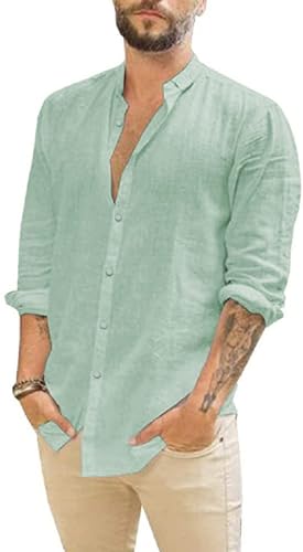 Friptspyg Uomo Camicia Lino Cotone a Maniche Lunghe Casual Camicia da Spiaggia vestibilità Regolare Camicie Estive, Verde Menta M