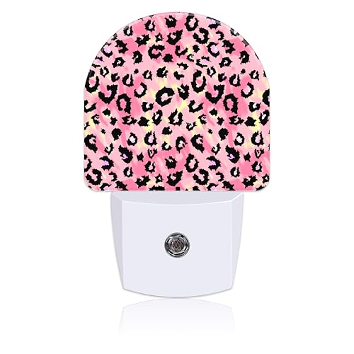 Image of Plug in Night Lights Pink Watercolor Leopard Skin Nightlight Plug Into Wall Dusk to Dawn Sensor LED Night Light for Kid Girls Boys Room Decor, Hallway, Kitchen, Bathroom, Nursery, Stairs