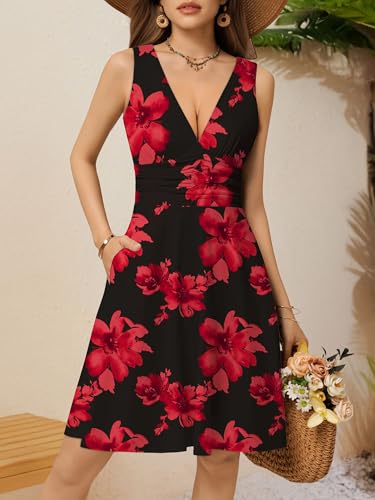 Image of OURIN Women's Spring Deep V Neck Sleeveless Floral Sundresses with Pockets Flowy Summer Dresses for Women