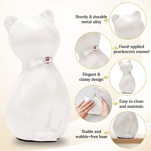 Cat Memorial Urn - Cremation Keepsake For Pet Ashes -Black, White, Or Bronze - Strong Metal Alloy, White Finish, 42 Cubic Inch Capacity - With Velvet Drawstring Bag - 8.25X4.25 #TOP1