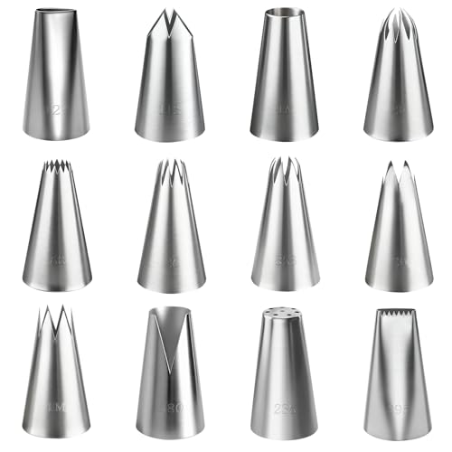 Lot de 12 douilles à pâtisserie professionnelles – Grandes douilles réutilisables en acier inoxydable pour poche à douille, décoration de gâteaux,...