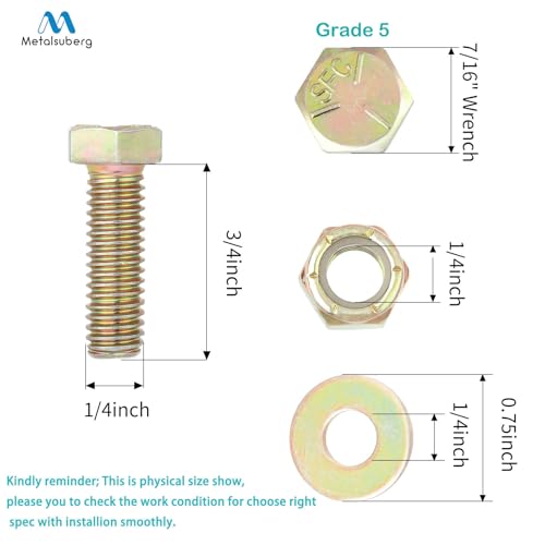 Image of 1 /4 inch x 3 /4 inch Hex Head Bolt by Color Galvanization with Nylon Lock nut and Large Size Washer Assortment Kit,Alloy Steel,Grade 5.(10pcs Pack),by Metalsuberg