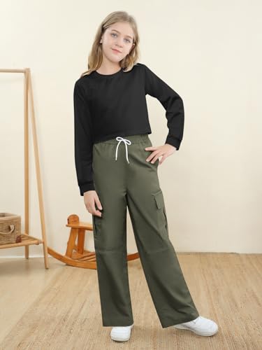 Image of Betusline Girl's 2 Piece Outfits, Cute Girls Fall Clothing Sets Cargo Pants + T-Shirt Top, 4T-14 Years