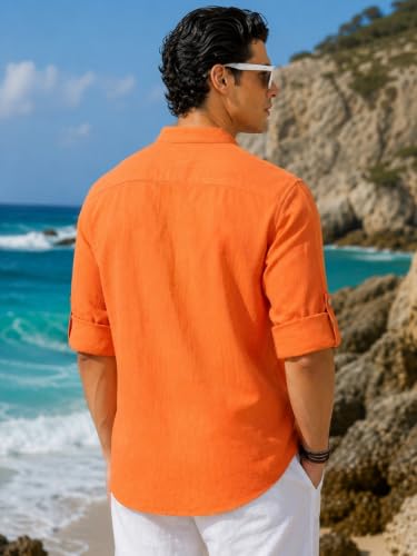 Image of Majestic Man Men's Pure Cotton Solid Mandarin Collar Slim Fit Roll-Up Sleeves Short Kurta Lightweight Summer Kurta for Daily & Occasion Use