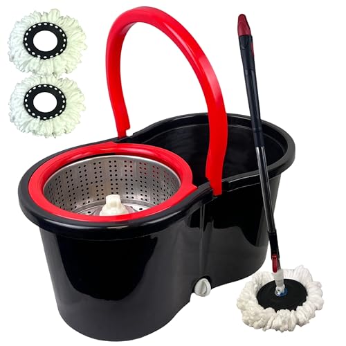 Spin Mop Bucket Set with Spin 360 Wringer and 2 Microfibre Mop Pad Head Telescopic Easy Press Handle with Spin Dry Cleaning Caddy Set-Microfibre Home Cleaning Clean Floor (Black)